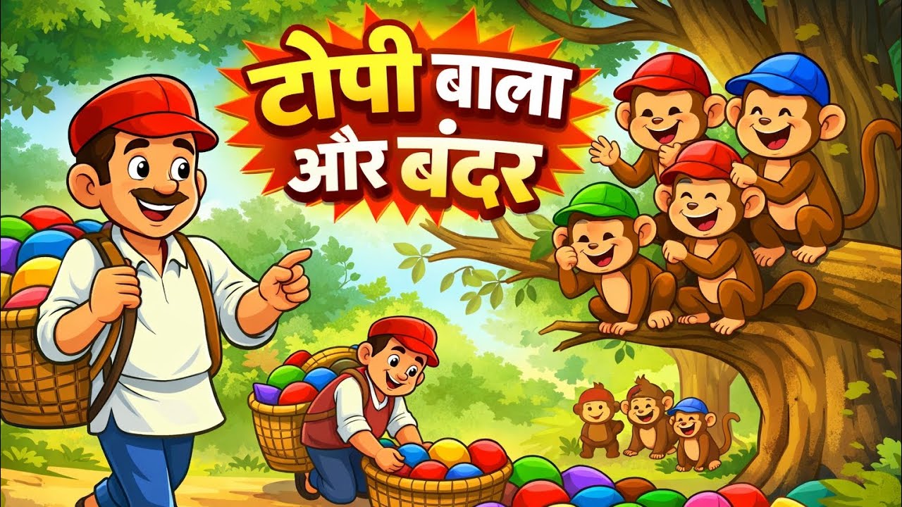 टोपी वाला और बंदर !! Hindi kahani !! Moral stories !! Bedtime story !! Cap man !! Cartoon story !!