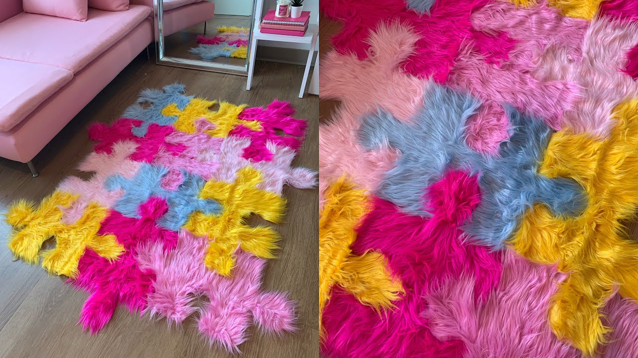 DIY no-sew puzzle piece faux fur rug 