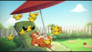 A lazy cartoon cat tries to nap