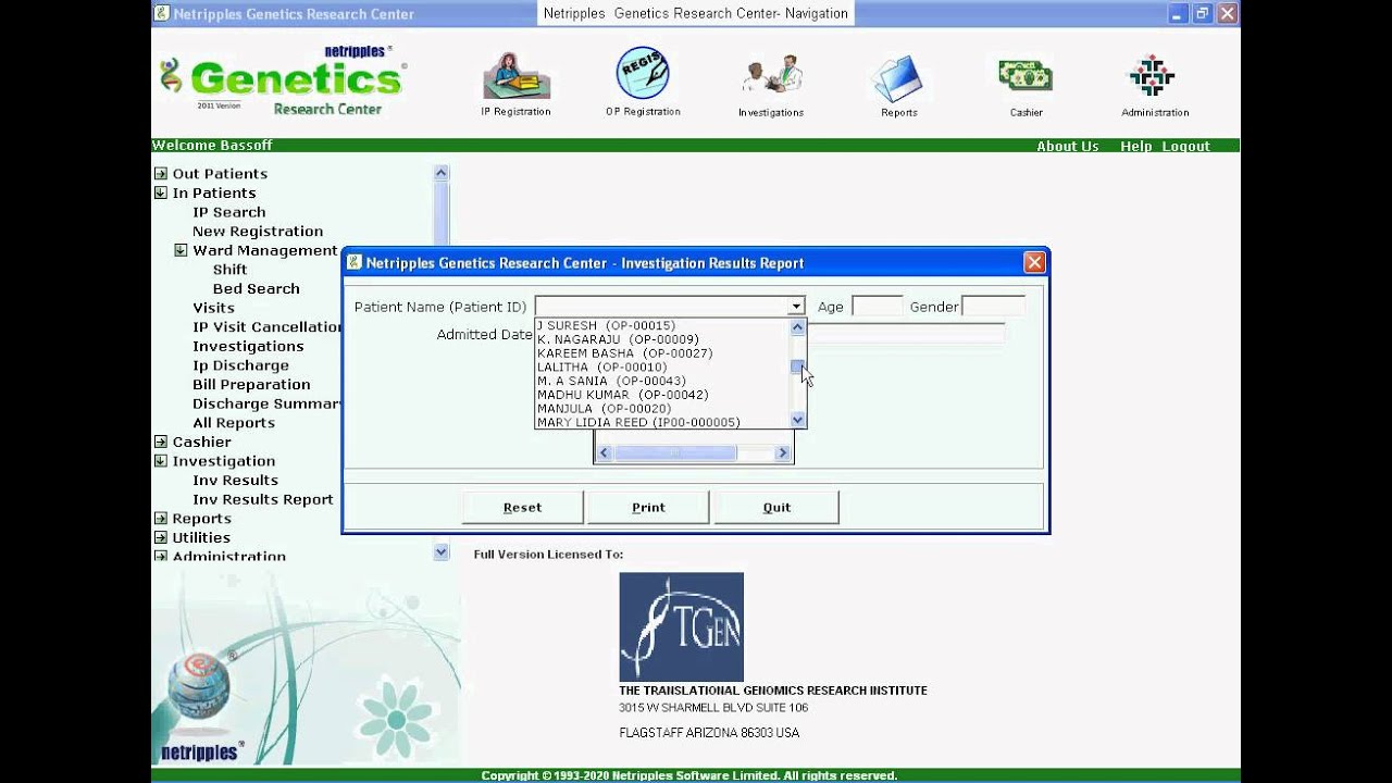 Manage Test  or Investigation Result Print Combinations ,Genetic Researh Center