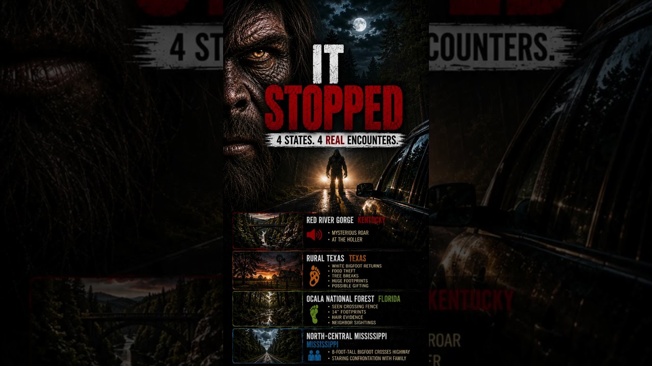 A witness watched an 8-foot-tall Bigfoot stop in the middle of the highway... and stare directly