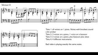 Fragment of Bachs Minuet BWV 1069 on 1, 2, 3 and 4 instruments