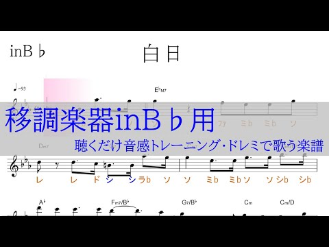 白日（King Gnu)移調楽器B♭用→原曲D♭の音が出る／ドレミで歌う楽譜【コード付き】