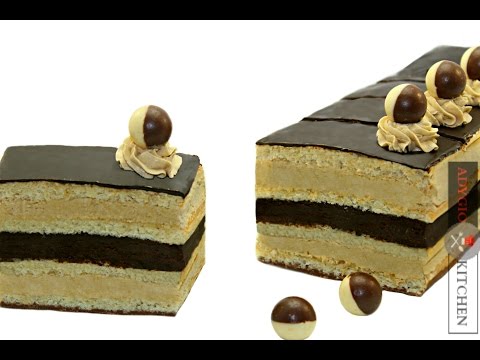 Opera Mousse Cake Recipe - Almond Chocolate Coffee Cake. A special soft and crunchy almond sponge ca. 