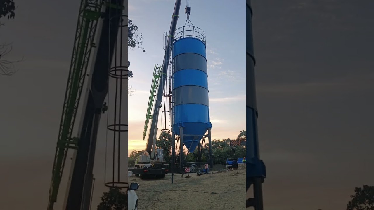 Cement Silo Installation | Crane Lifting Work | Batching Plant Setup | Heavy Machinery Work”