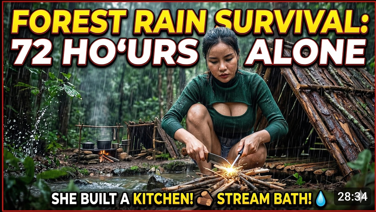 Alone in Heavy Rain 🌧️ Girl Builds Jungle Kitchen & Bathes in River ...