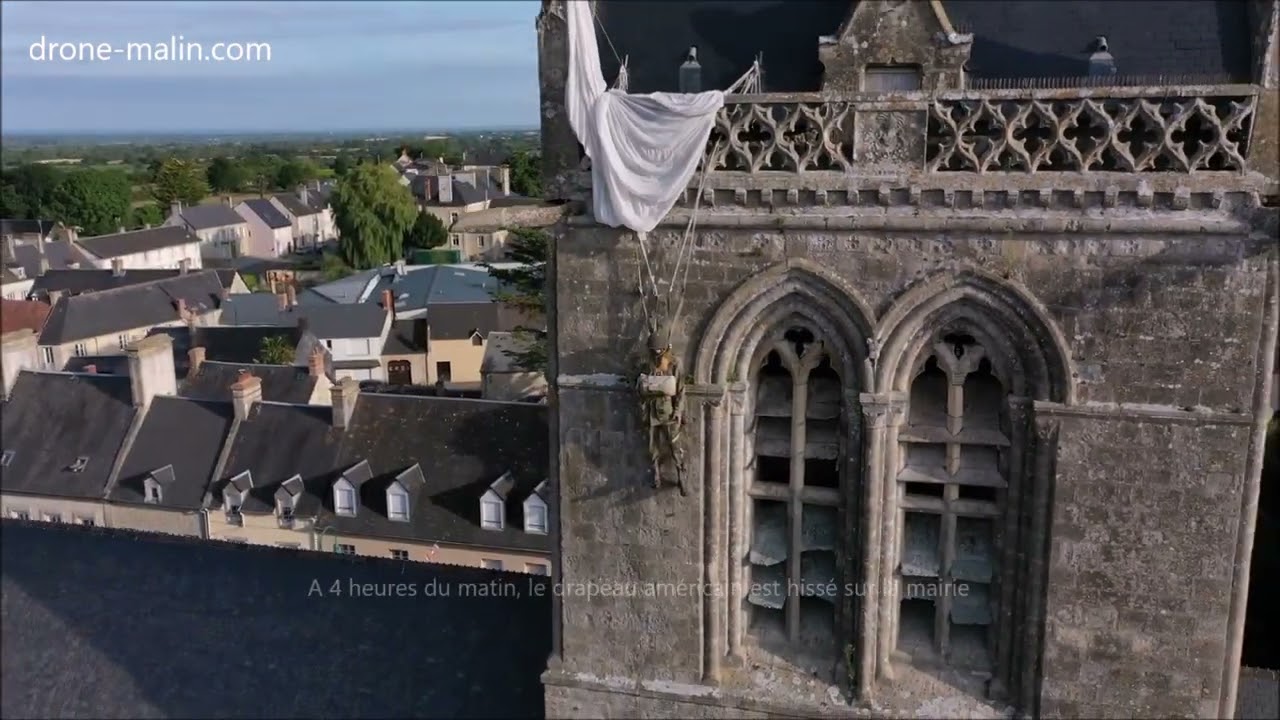 Sainte Mère Église, libérée par les parachutistes Américains vue du ciel par un drone