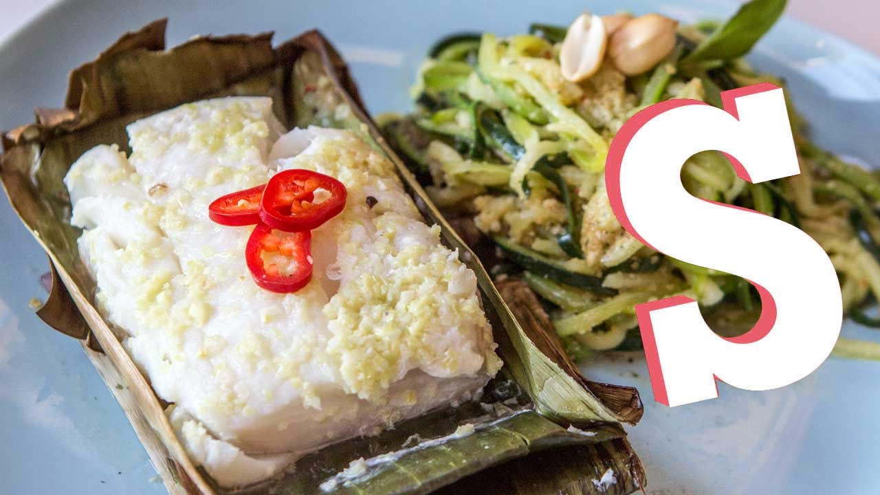 Banana Leaf Baked Cod with Courgetti Recipe - Performance Food | Sorted Food