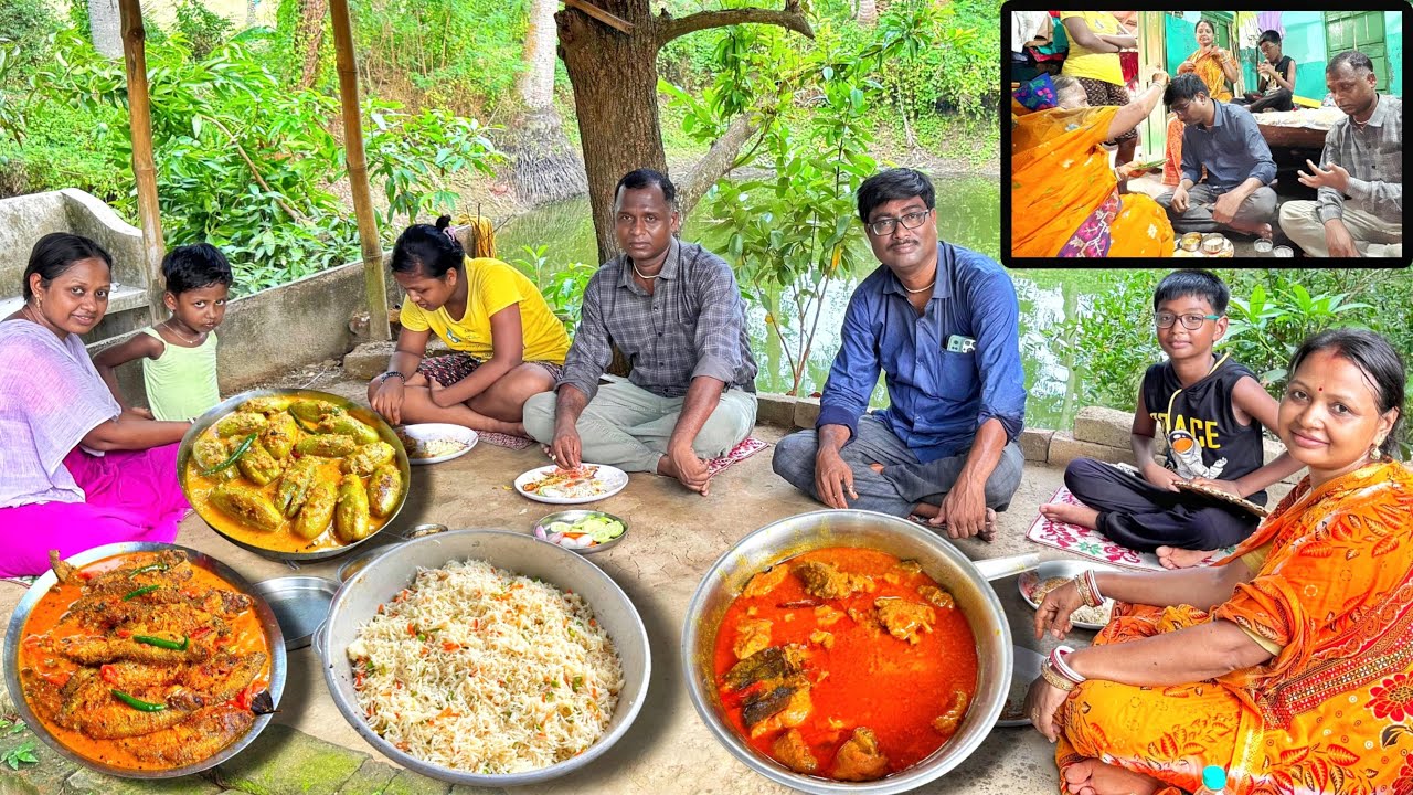 জামাই ষষ্ঠীতে দুধ পটল,সরষে পাবদা,রাইস,দেশী চিকেন । পুকুর পাড়ে মাটির চুলায় রান্না করে খাওয়া দাওয়া