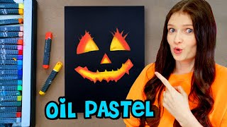 How to Draw a Pumpkin in OIL PASTEL 🎃 Glowing Halloween Jack O Lantern Tutorial