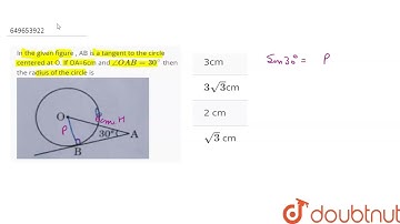 In the given figure , AB is a tangent to the circle centered at O. If OA=6cm and angle OAB =30^@...