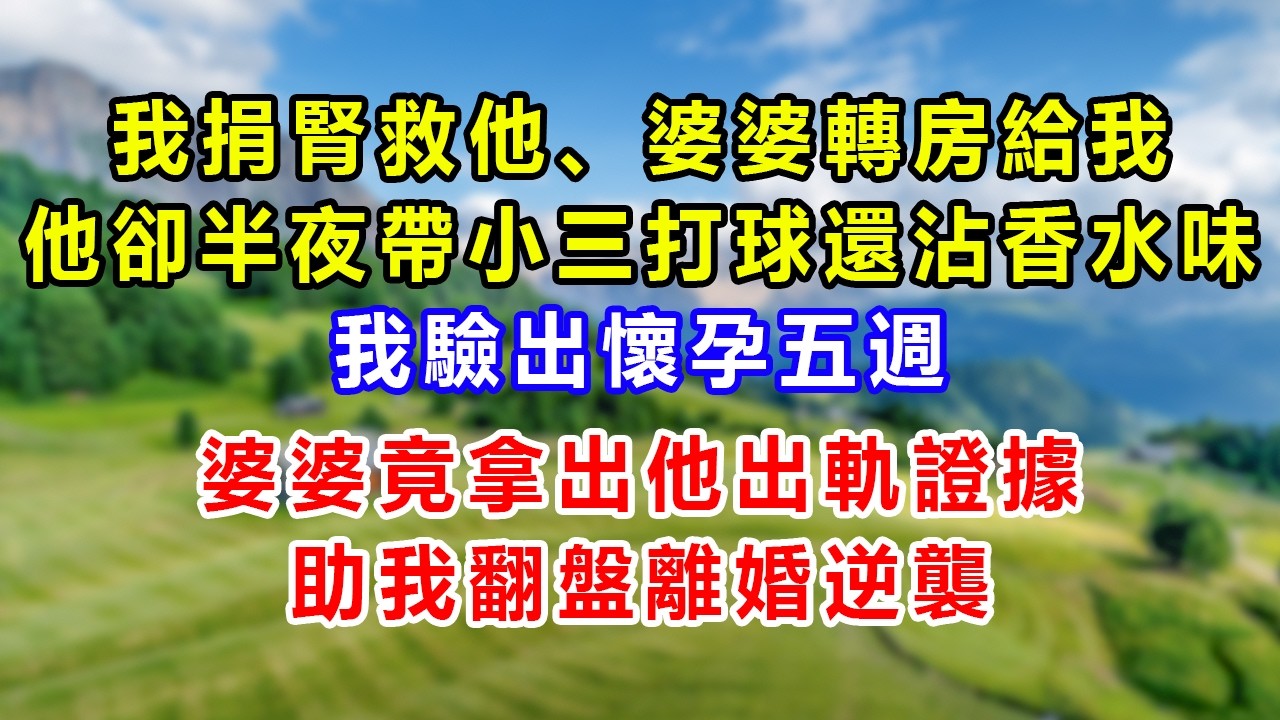我捐腎救他、婆婆轉房給我，他卻半夜帶小三打球還沾香水味；我驗出懷孕五週，婆婆竟拿出他出軌證據助我翻盤離婚逆襲