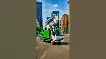 Evolution of a cute goat standing on a garbage truck into a mighty robot