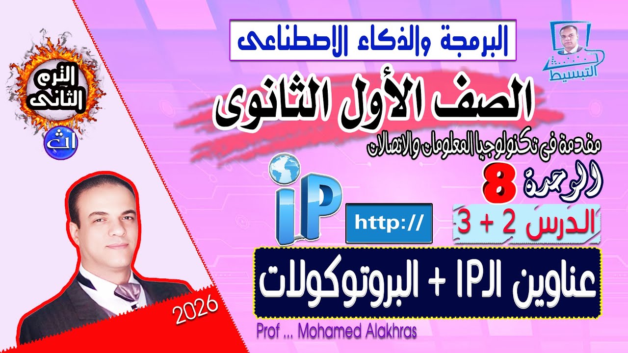 صف 1 ث البرمجة والذكاء الاصطناعى ترم 2 وحدة 8  درس 2+3  عناوين الـ IP + البروتوكولات