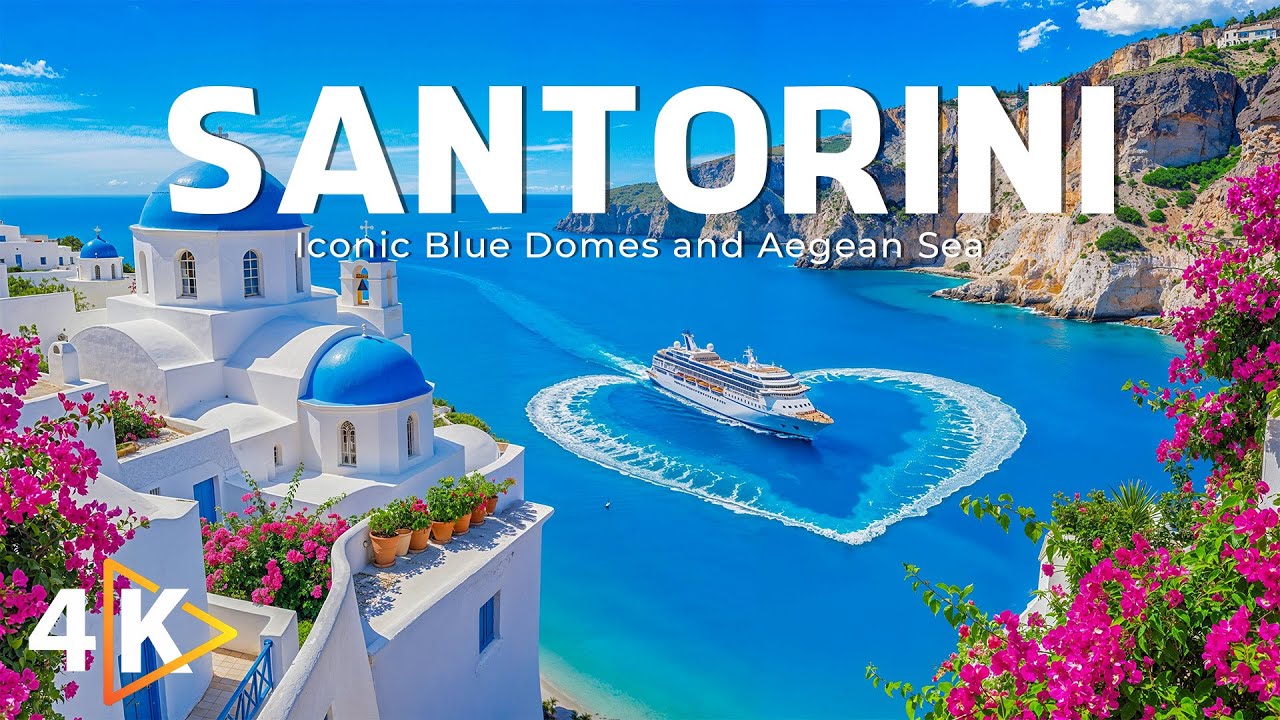 Санторини 4K Откройте для себя культовые голубые купола и виды на Эгейское море вместе с