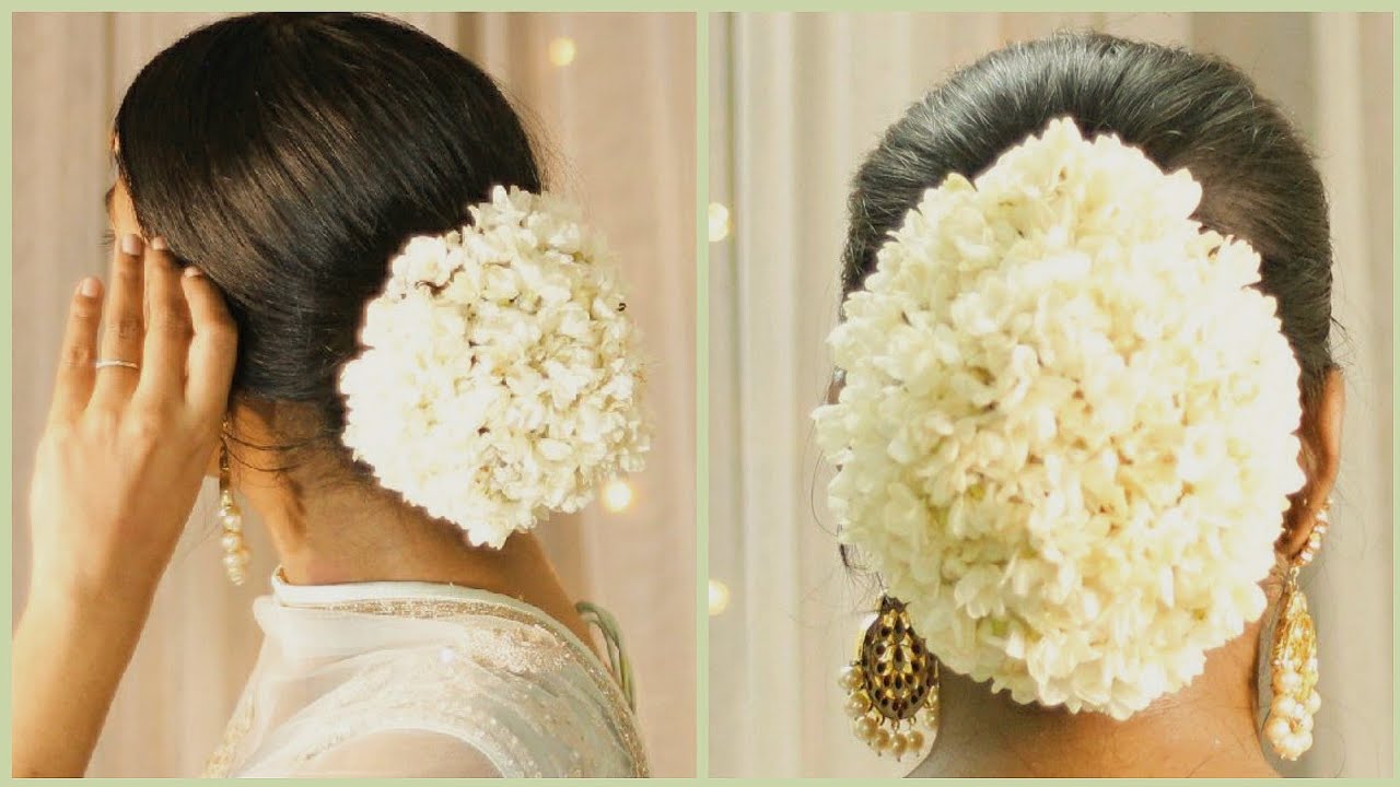 Traditional Bun Hairstyle For Saree Hairstyle With Jasmine Flower Hairstyle For Medium Hair Traditional Bun Hairstyle For Saree Hairstyle With Jasmine Flower Hairstyle For Medium Hair