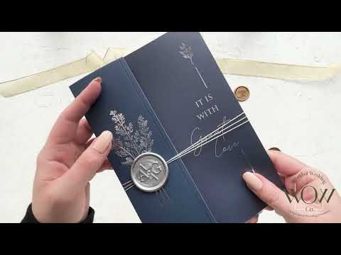 Acrylic Wedding Invitation with Silver Foil Print and Navy Blue Folded Jacket - YK2024NBS