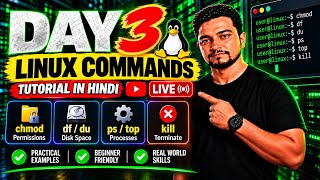🔴 LIVE: Linux Commands Tutorial 🔥 DAY 3 | chmod, df, du, ps, top, kill | Linux Training Update