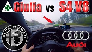 Giulia Quadrifoglio meets Audi S4 V8 on German Autobahn ✔