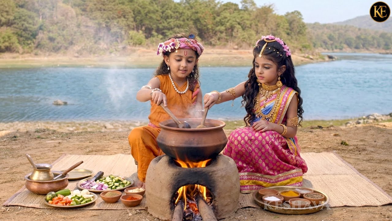 नदी किनारे बाल कान्हा-राधा की रसोई, बनी प्यार से भरी थाली || YMKN || यशोमती मैय्या के नंदलाला