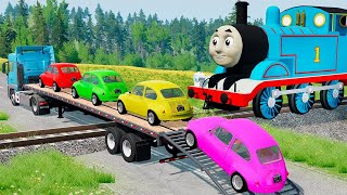 Double Flatbed Trailer Truck vs Speedbumps | Train vs Cars | Tractor vs Train | BeamNG.Drive