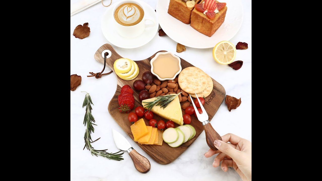 Hecef Cheese Board Set 3,a Acacia Wood Cheese Plate & a Cheese Knife & a Cheese Fork