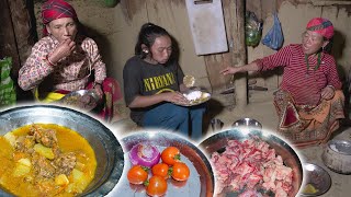 Buff Curry Recipe Cooking and eating Village Style || Nepali Style buff curry || Village life vlog