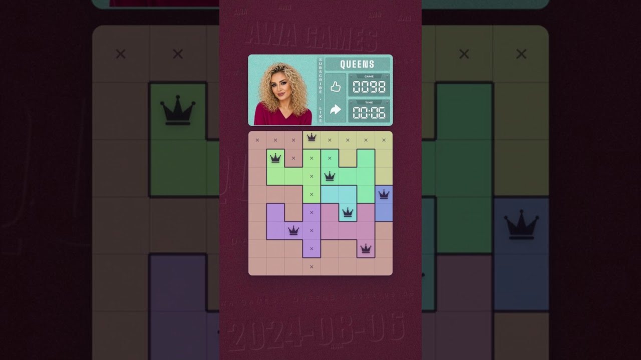 LinkedIn Queens #98 solved board for August 6, 2024, 8x8 grid