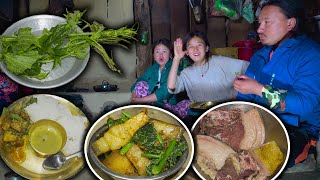 Squash Leaves & Pork Mix recipe with Rice Cooking & Eating  | Rural Life nepal | Eating vlog Village