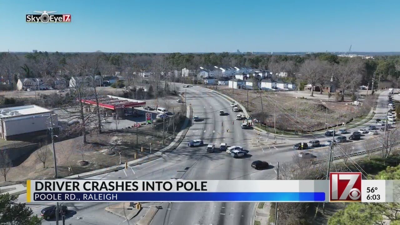 Driver crashes into pole on Poole Road in Raleigh - YouTube