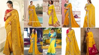 Most beautiful Yellow sarees collection|Yellow sarees with contrast blouse collection |Yellow saree