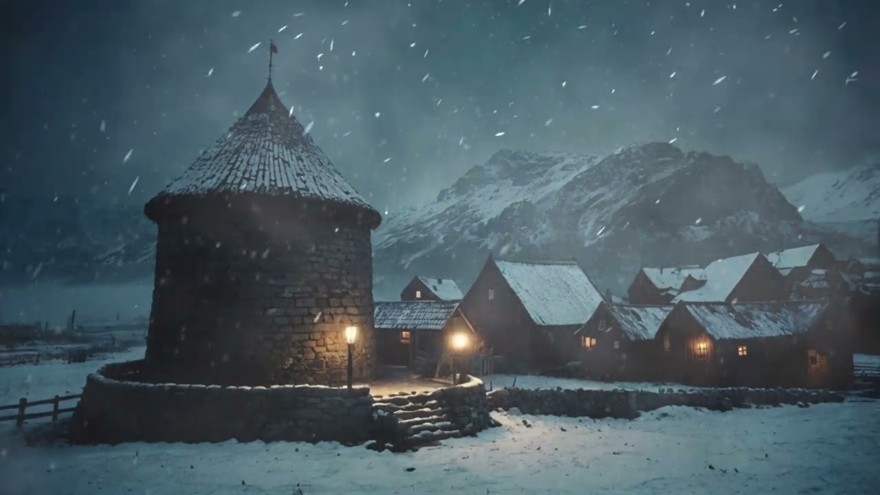 Howling Winds and Heavy Snowstorm Sounds in an Old Village. Cold Atmosphere of Night Blizzard.