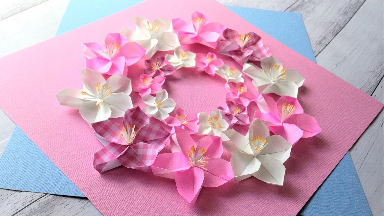 折り紙 桃の花リース 折り方 Origami Peach Flower Wreath Tutorial Niceno1 Youtube