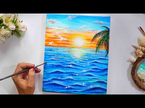 Step By Step Sunset Beach Landscape Painting For Beginners Using