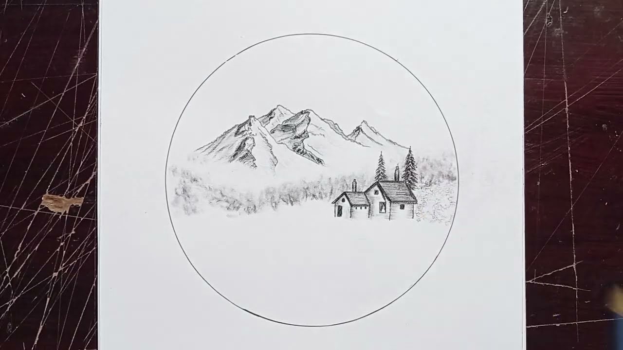 How to Draw Mountain Scenery with a Riverside Cabin and Trees | Circle Drawing Tutorial