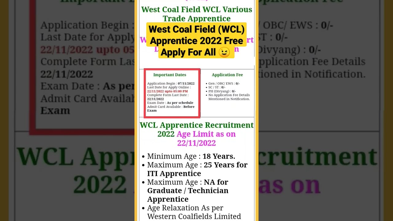 West Coal Field Trade Apprentice Recruitment 2022 | WCL Trade Apprentice 2022 