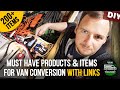 Must-have products for van conversion and vanlife with links. List of 200+ camping equipment &amp; items