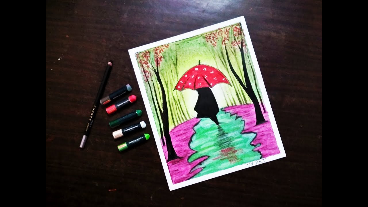 pic Rainy Season Oil Pastel Drawing Scenery Hard rainy season beginners oil pastels scenery drawing romantic couple with umbrella oil pastel drawing