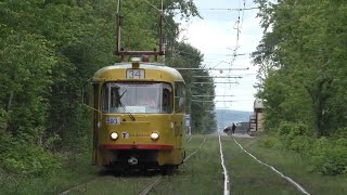 "По зелёному коридору". Tatra T3SU № 593 следует по маршруту № 34 "Керамическая — Ботаническая"