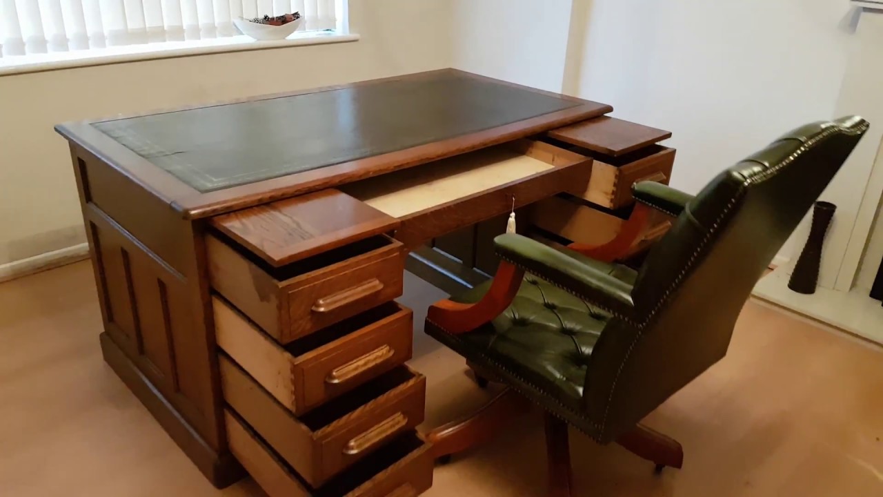 Antique Oak Twin Pedestal Writing Desk Green Leather Top