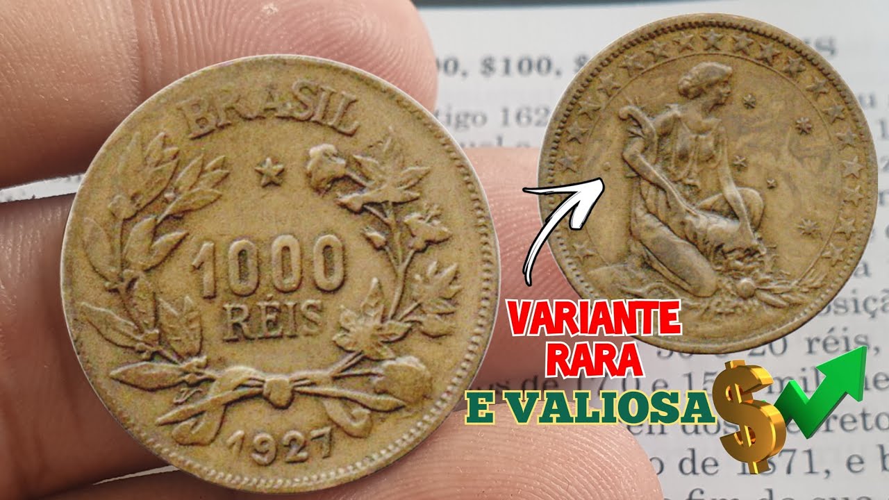 Moeda 1000 Réis ano 1927 PONTO NO COTOVELO, rara, valores atualizados de catálogo.