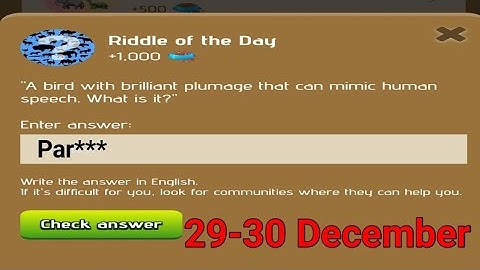 Riddle Of The Day Zoo 29-30 December | Zoo Riddle Of The Day Code Today |Riddle Of The Day Zoo Today