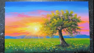 Morning Sunrise Landscape Painting | Big Green Tree in a Peaceful Field 🌄 Easy Tutorial screenshot 2