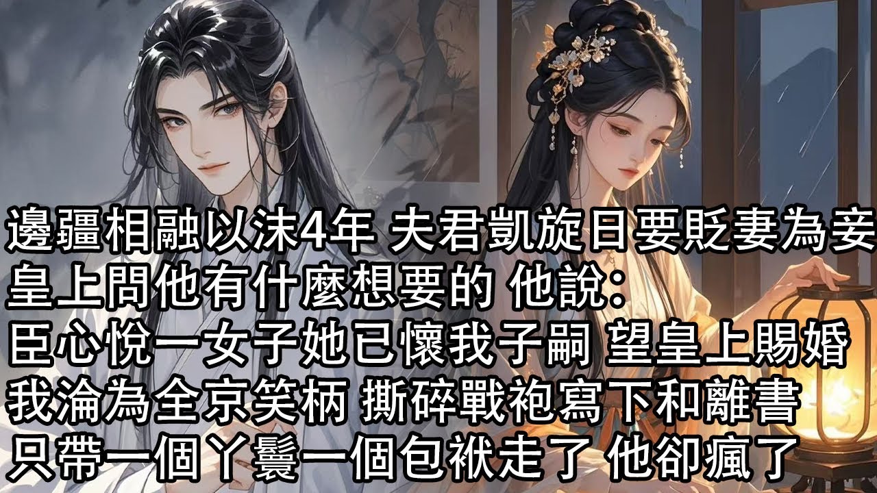 【一口氣看完】邊疆相融以沫4年 夫君凱旋日要貶妻為妾，皇上問他有什麼想要的 他說：，臣心悅一女子她已懷我子嗣 望皇上賜婚，我淪為全京笑柄 撕碎戰袍寫下和離書，只帶一個丫鬟一個包袱走了 他卻瘋了