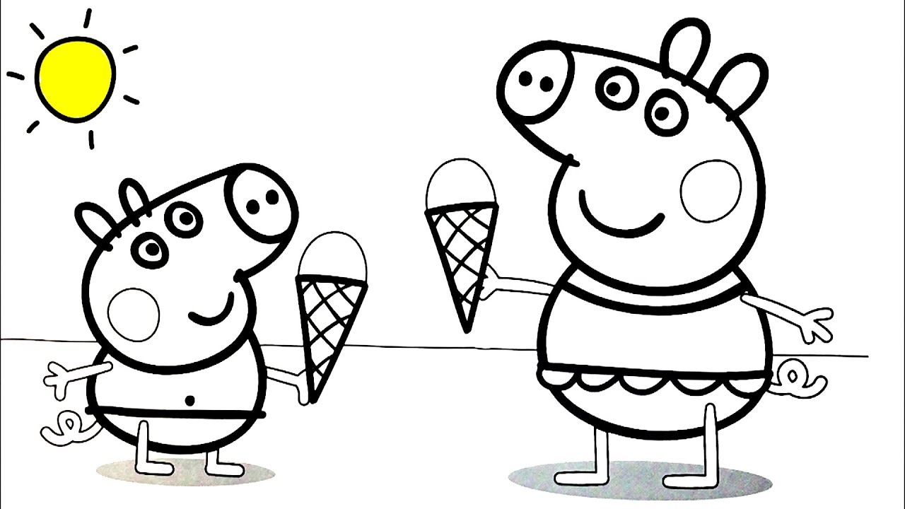 Coloring pages for kids Peppa Pig and George eat ice cream. Coloring