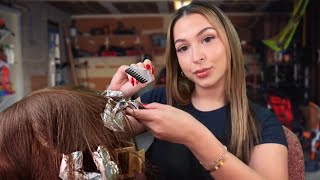 ASMR $5 "Highlights" & Haircut in Scammer girls Garage🎨✂️