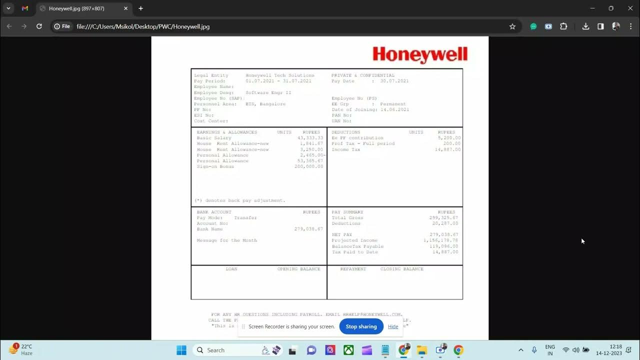 Honeywell payslip with joining bonus 2023 honeywell accenture tcs