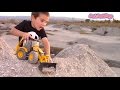 Construction Trucks for Kids: Toy Backhoes and Bulldozers at Dirt BMX Bike Park - Riding on Roller