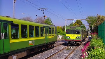 Two 8300 class DART Trains meet at Merrion Gates Level Crossing