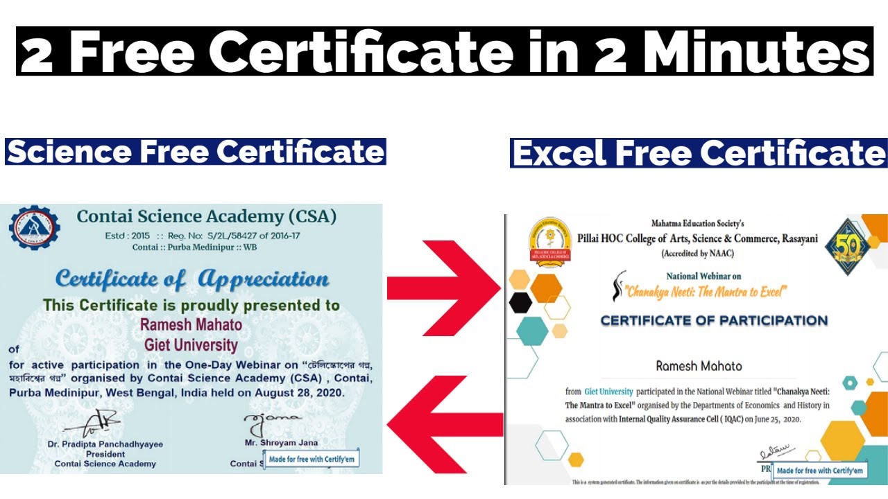 2 Free Certificate in 2 Minutes | Microsoft Excel Free Certification | Science | Free Certificate